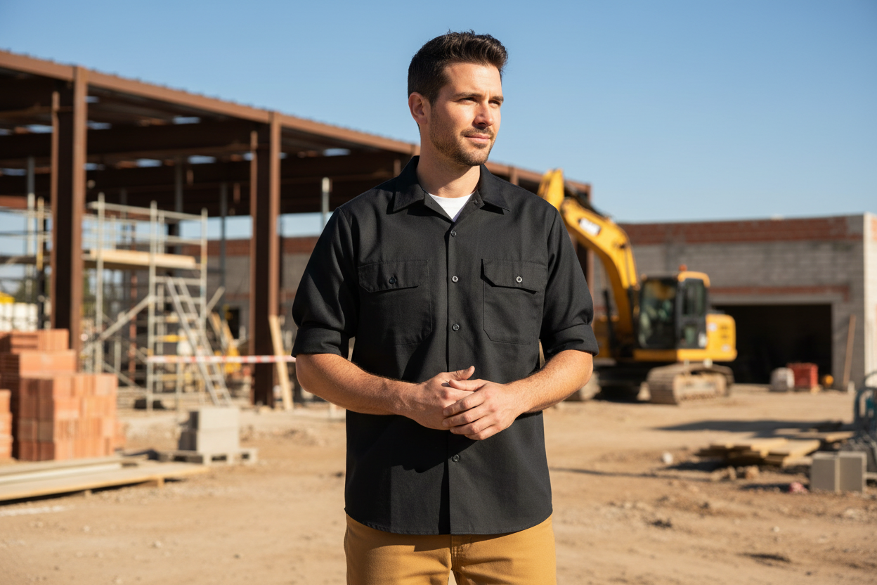 Dickies Original Fit Short Sleeve Work Shirt black XL worn outdoors in sunny industrial setting – More4less Outlet