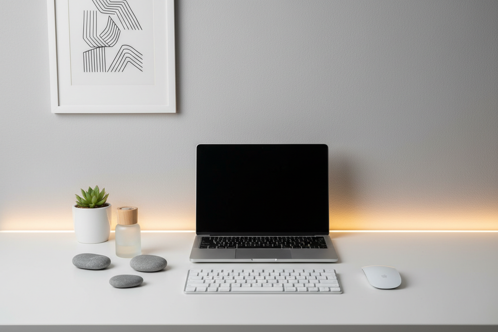 Professional minimalist desk setup with zen wellness items including small essential oil bottle and smooth stone fidget tools