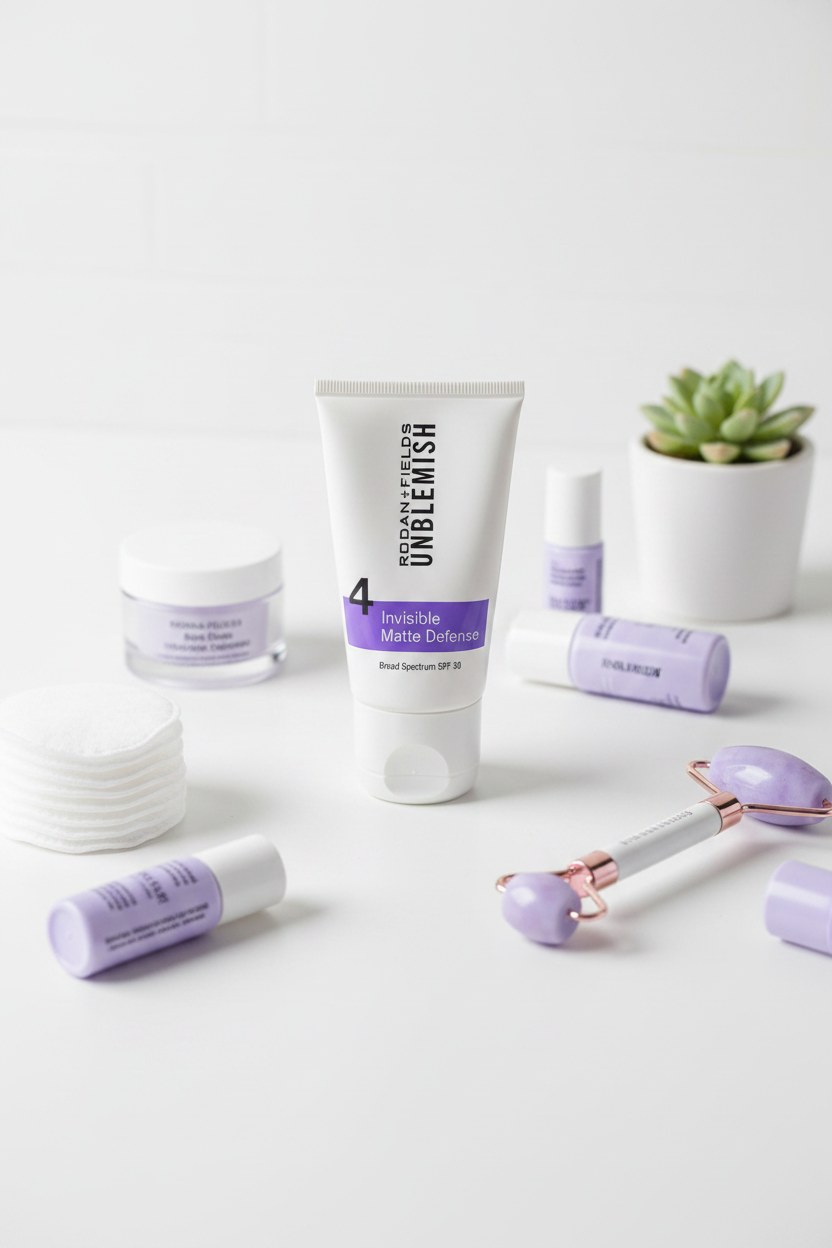 Rodan and Fields UNBLEMISH Invisible Matte Defense SPF 30 tube flat lay on white surface with purple skincare props and cotton pads – More4less Outlet