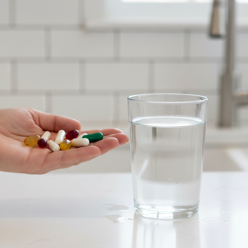 Close-up of a hand holding supplement capsules next to a glass of water on a white kitchen counter