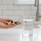 Close-up of a hand holding supplement capsules next to a glass of water on a white kitchen counter