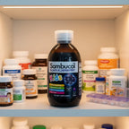 Sambucol Kids Black Elderberry Syrup bottle inside organized medicine cabinet pantry with soft recessed lighting and premium child-safe supplement bottles