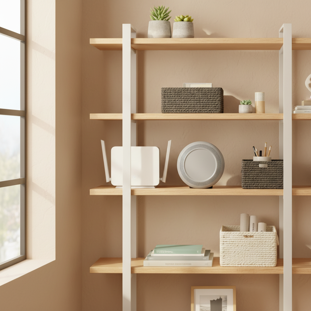 Roost Protection360 SmartBase Hub on home office bookshelf next to Wi-Fi router and storage baskets