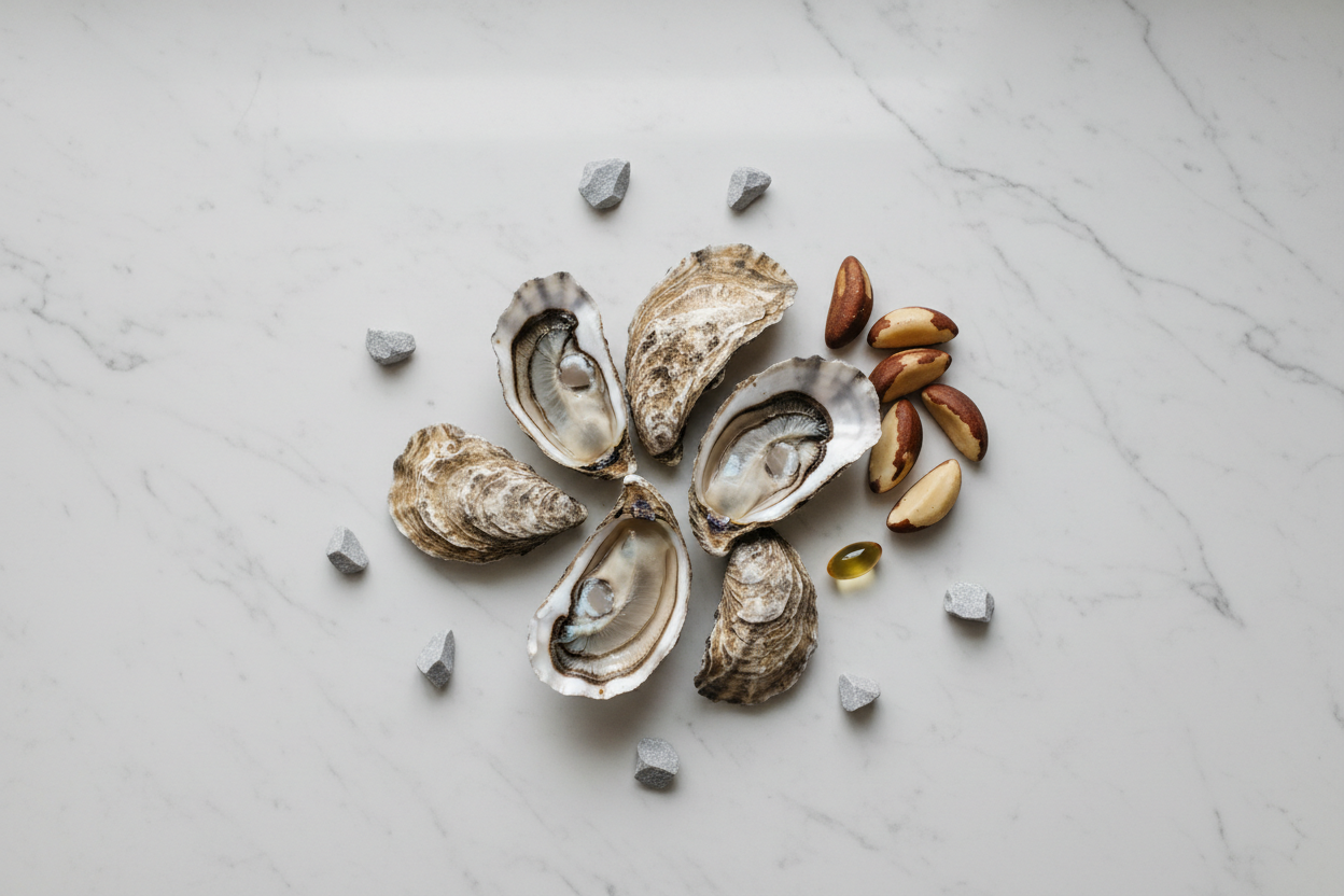 Oyster shells zinc stones brazil nuts and vitamin D capsule flat lay wellness ingredients lifestyle photo
