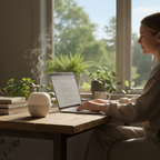 Person at wooden desk working on laptop with aromatherapy diffuser misting nearby and green plants in soft natural light