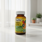MegaFood Baby & Me 2 prenatal vitamin bottle in soft natural window light on white quartz countertop – More4less Outlet