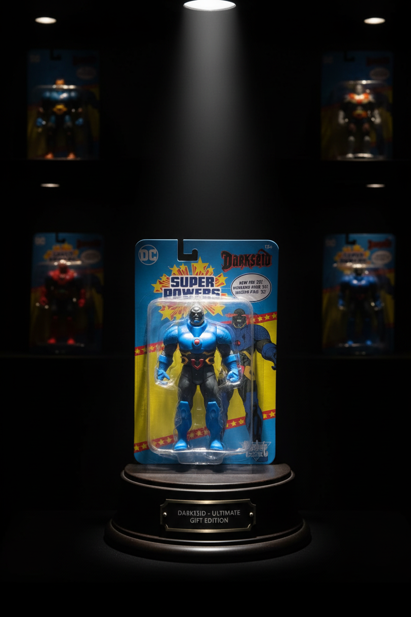 McFarlane Toys DC Super Powers Darkseid action figure in package displayed as collector gift with dramatic spotlight lighting — More4less Outlet