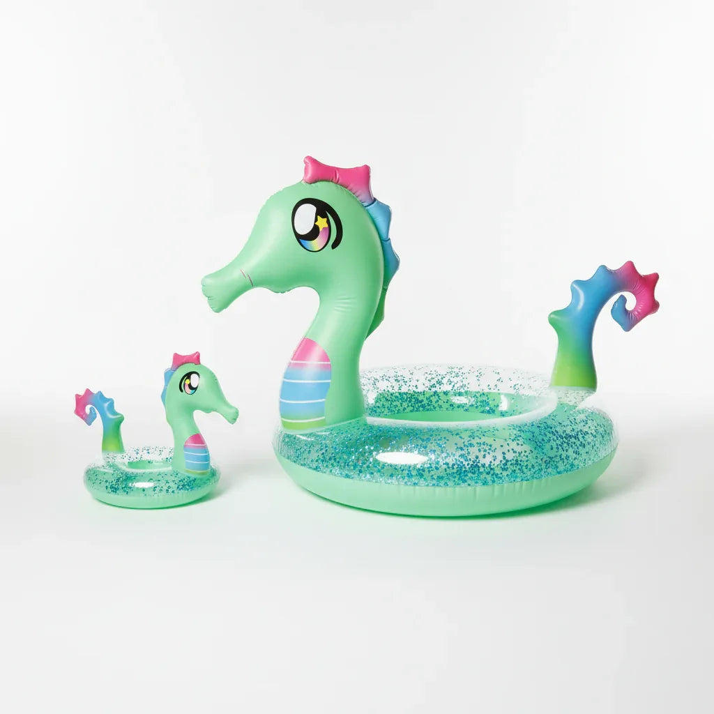 PoolCandy Glitter Seahorse jumbo pool tube and drink float set clean white studio background