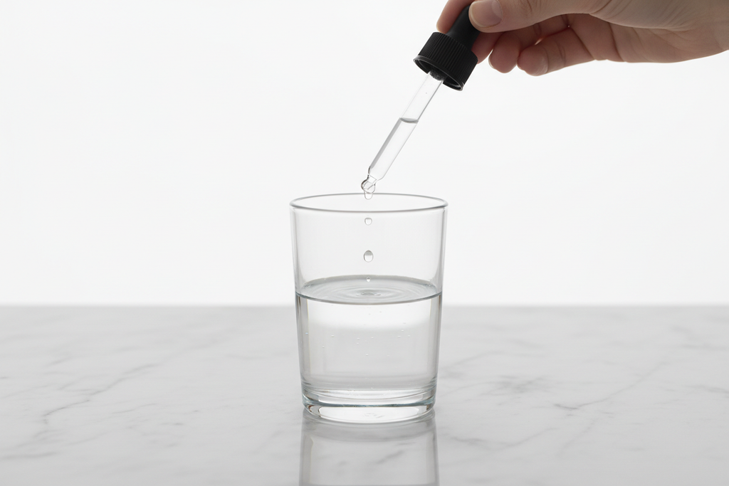 Glass dropper bottle dispensing liquid drops into a glass of water on clean white marble, homeopathic remedy lifestyle
