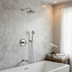 Moen Dartmoor chrome shower trim elegant bathroom interior staging lifestyle image