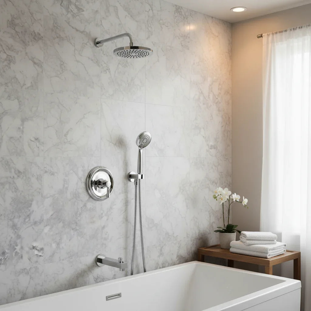Moen Dartmoor chrome shower trim elegant bathroom interior staging lifestyle image