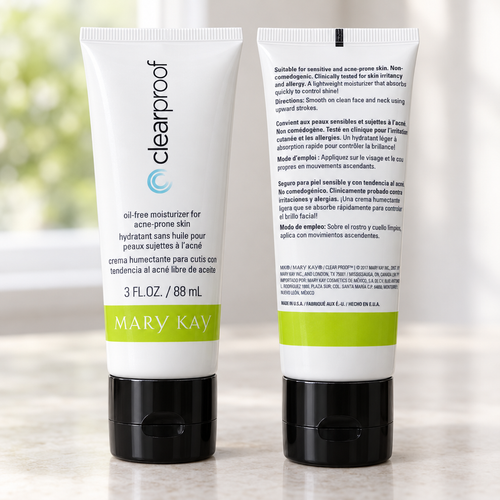 Front and back views of two Mary Kay Clear Proof Oil-Free Moisturizer tubes on a clean surface