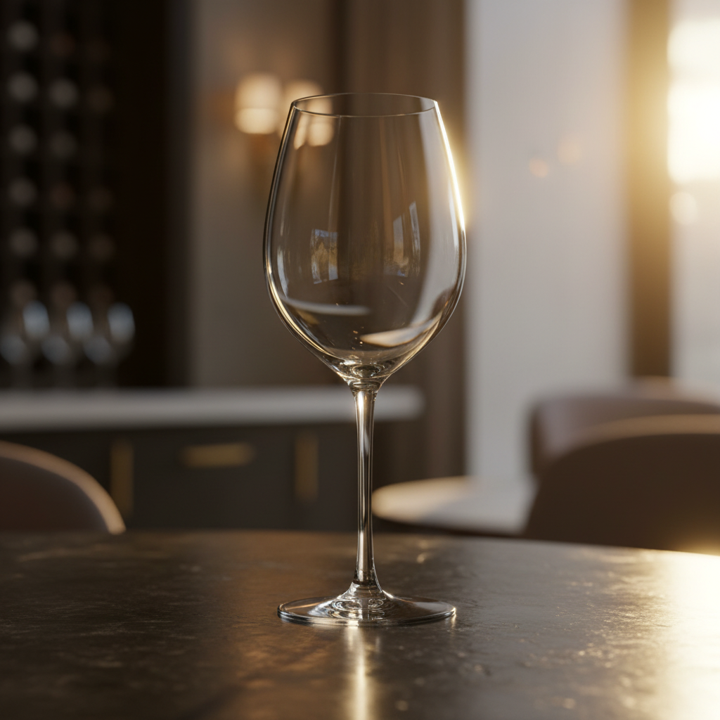 Fresh-poured white Chardonnay reflecting sunlight inside a high-end Karen MacNeil crystal wine glass