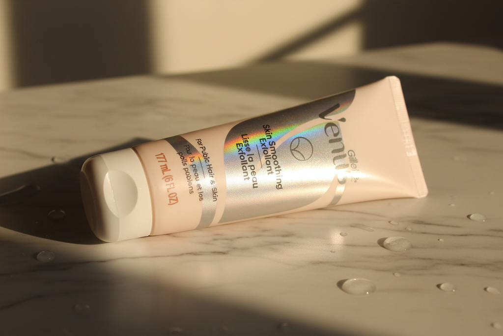 Soft morning sunlight hitting Gillette Venus Skin Smoothing Exfoliant tube with holographic label on white marble surface