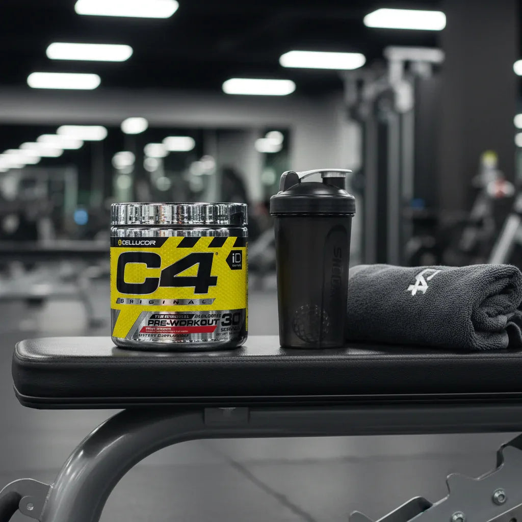 Cellucor C4 Original Pre-Workout on dark gym bench with black shaker bottle and folded sweat towel for fitness routine