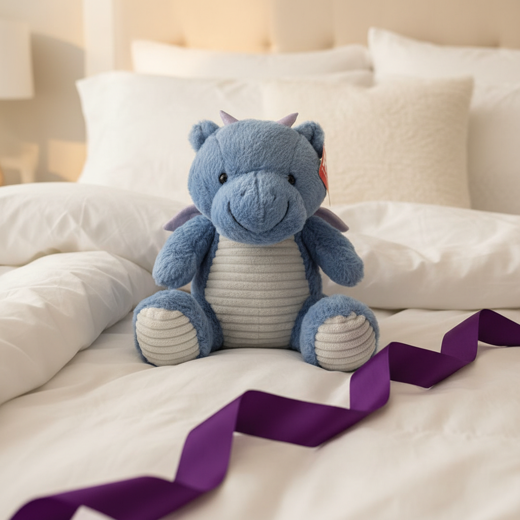 Russ Jazwares 17 inch Blue Dragon Dinosaur Plush displayed as gift on white bedding with ribbon - More4less Outlet