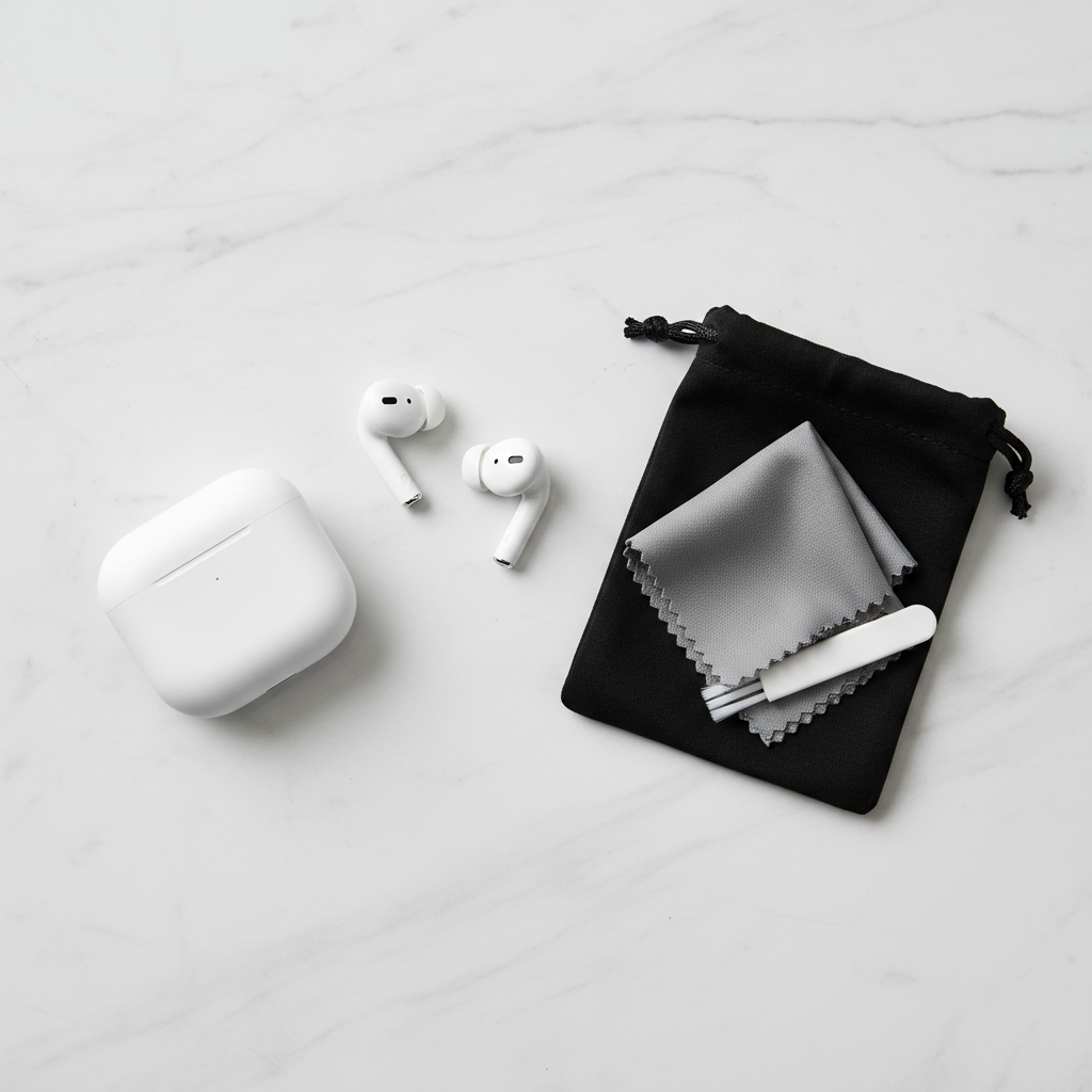 Flat lay of true wireless earbuds with charging case and earbud cleaning kit on marble surface