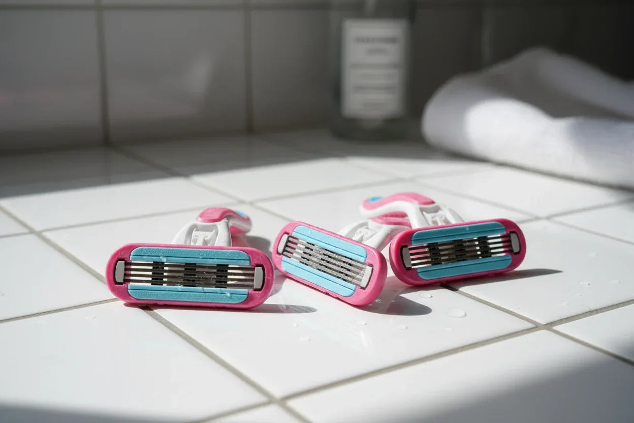 Smooth women's razor cartridges on clean white bathroom tile in soft natural lighting