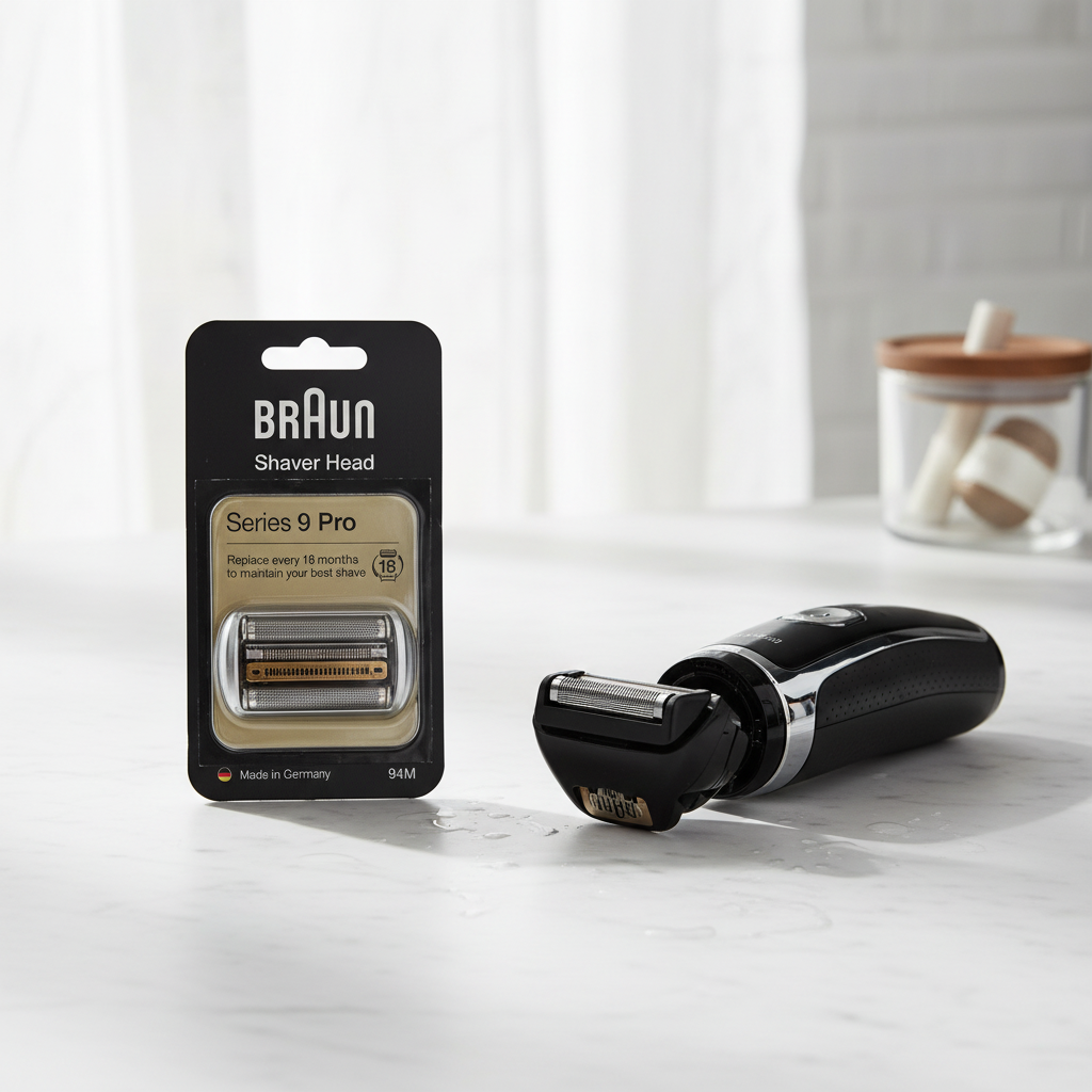 Braun Series 9 Pro shaver head replacement black retail pack beside modern electric shaver on white marble – More4less Outlet