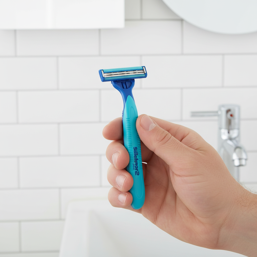 Gillette Sensor2 Plus blue razor held by man's hand in modern bathroom with white subway tile – More4less Outlet