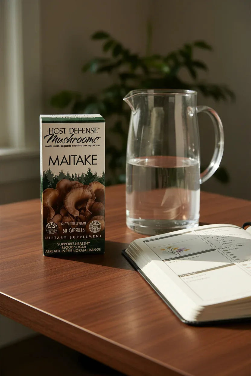 Host Defense Maitake Mushroom 60ct on dark wood office desk with glass water pitcher and wellness planner — More4less Outlet