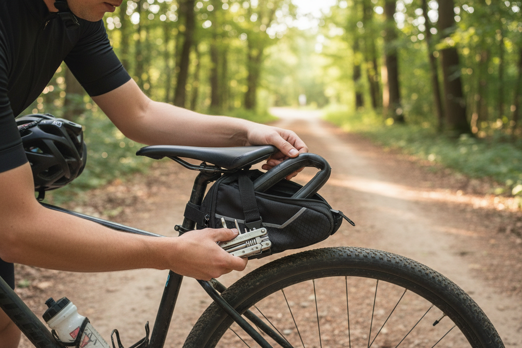 Cyclist accessing tools and tire tube from Schwinn black saddle bag on trail — compact bicycle seat pack holds essentials for road and trail rides