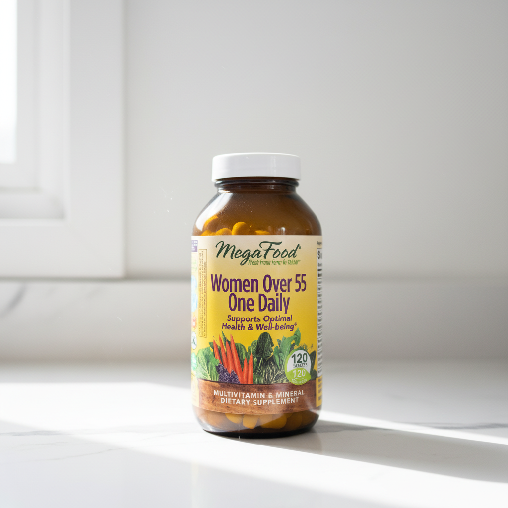 Multivitamin amber glass supplement bottle in soft natural window light on white quartz countertop – More4less Outlet
