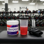 AdvoCare Rehydrate Fruit Punch tub on gym bench with shaker bottle and workout gloves – More4less Outlet
