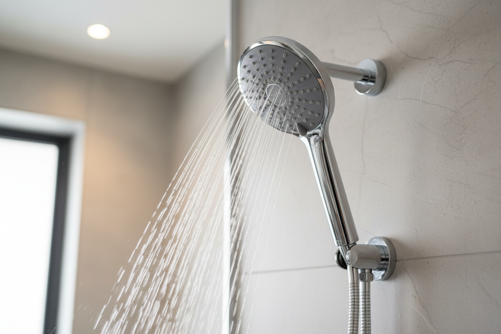 Grohe Euphoria 110 Duo polished chrome hand shower dual spray jets action shot in modern master bathroom renovation