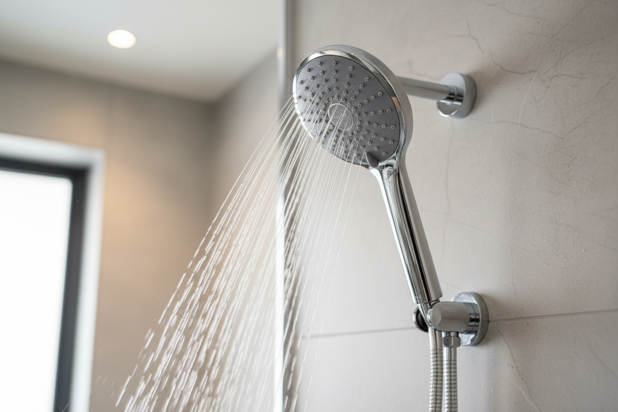 Grohe Euphoria 110 Duo polished chrome hand shower dual spray jets action shot in modern master bathroom renovation