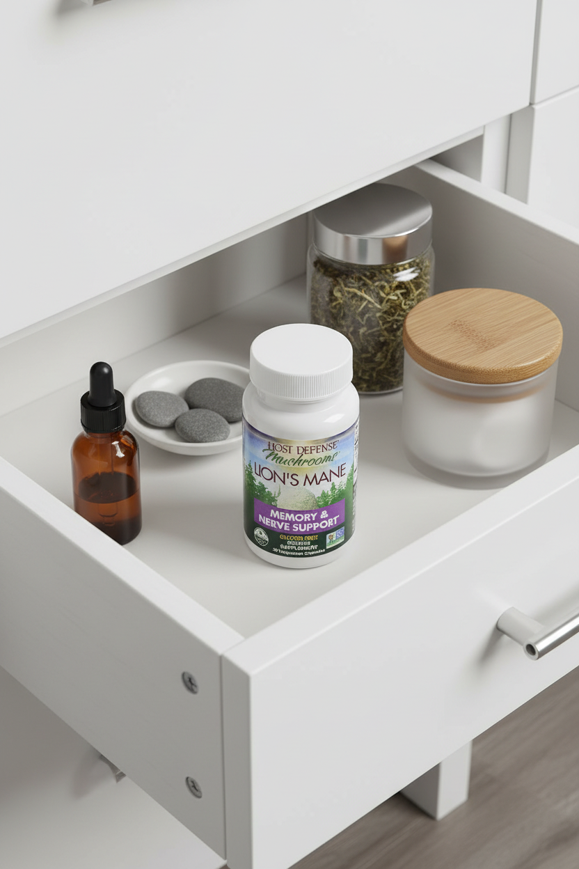 Host Defense Lion's Mane bottle in minimalist white wellness drawer with apothecary items organized spa aesthetic