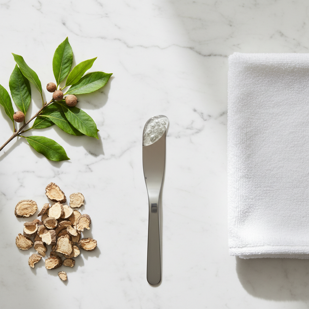 Flat lay of gel cleanser with witch hazel leaves, burdock root and white face cloth on white marble surface