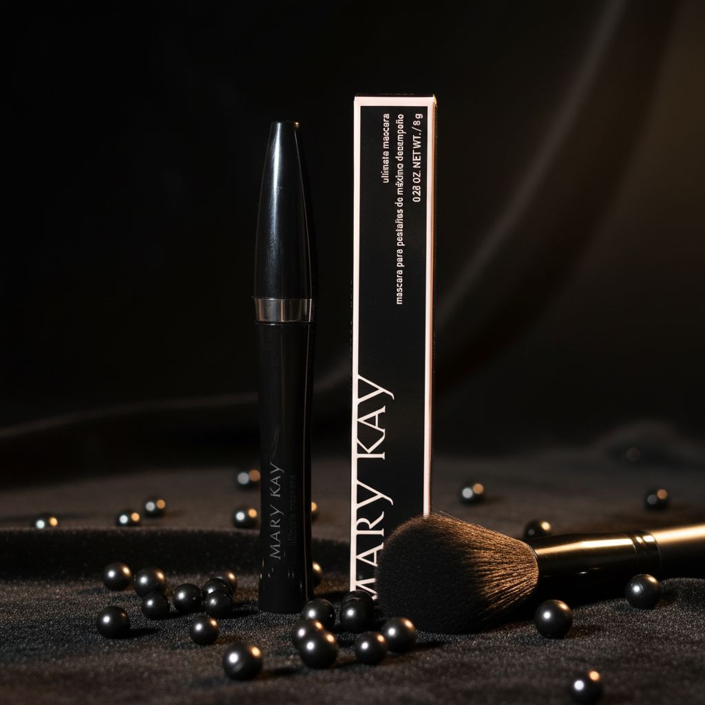 Mary Kay Ultimate Mascara Black cylindrical tube with silver band on dark velvet with dramatic warm spotlight lighting, scattered black pearls and a makeup brush — glamorous editorial beauty product shot