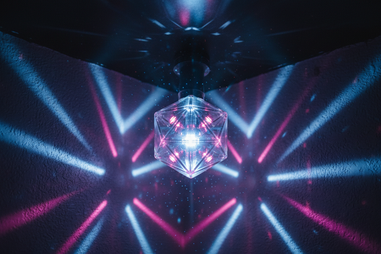 Faceted disco LED light bulb casting blue and pink multicolor patterns across dark walls