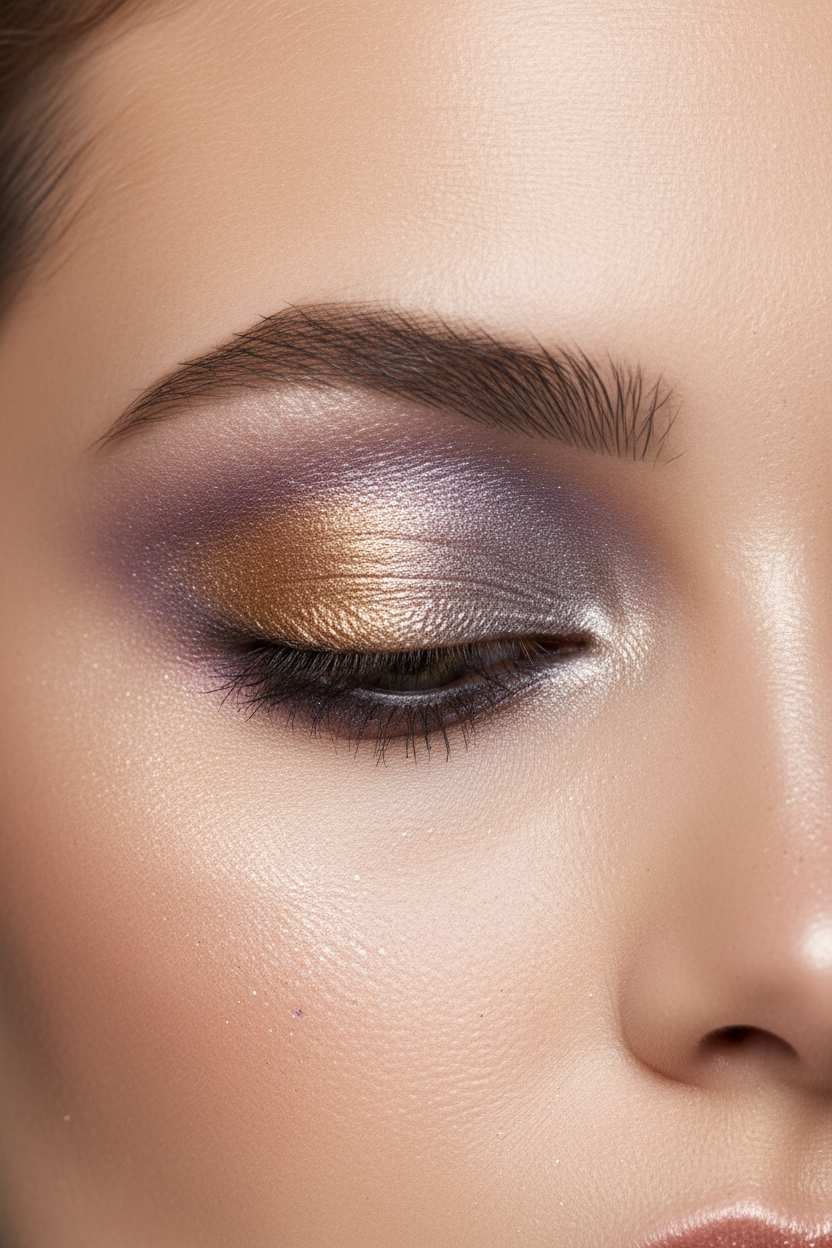 Dramatic shimmer eye look gold purple silver grey eyeshadow beauty editorial close-up