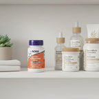 NOW Foods Chewable L-Theanine 100mg bottle in white wooden bathroom shelf with premium apothecary wellness containers