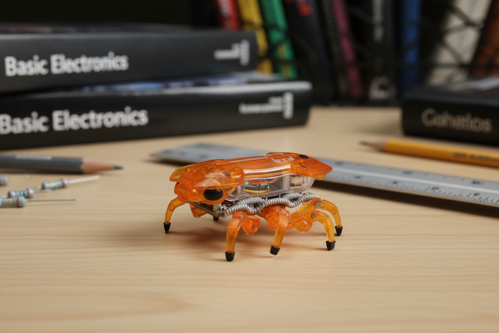 Close-up macro of HEXBUG Fire Ant orange micro robotic creature on STEM desk showing internal electronic components