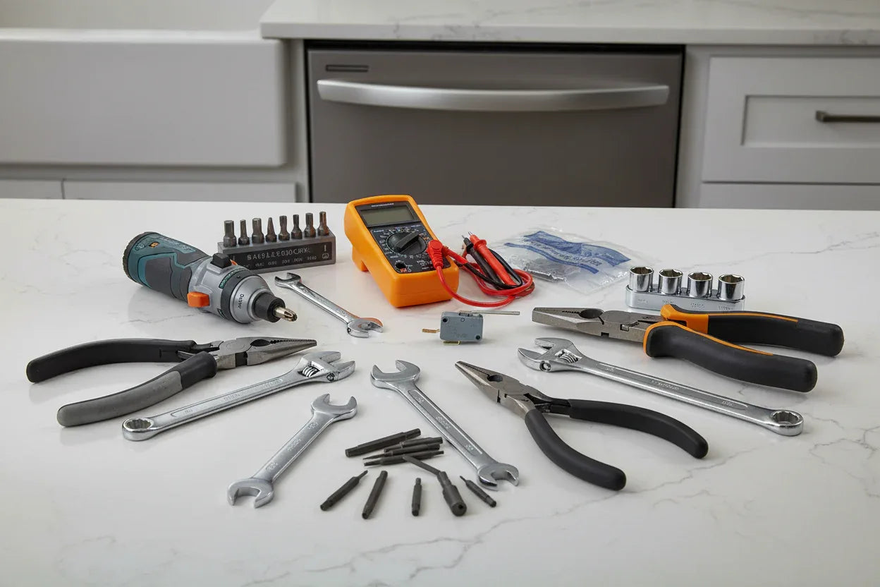 Professional appliance repair tools on a clean modern kitchen countertop near a dishwasher