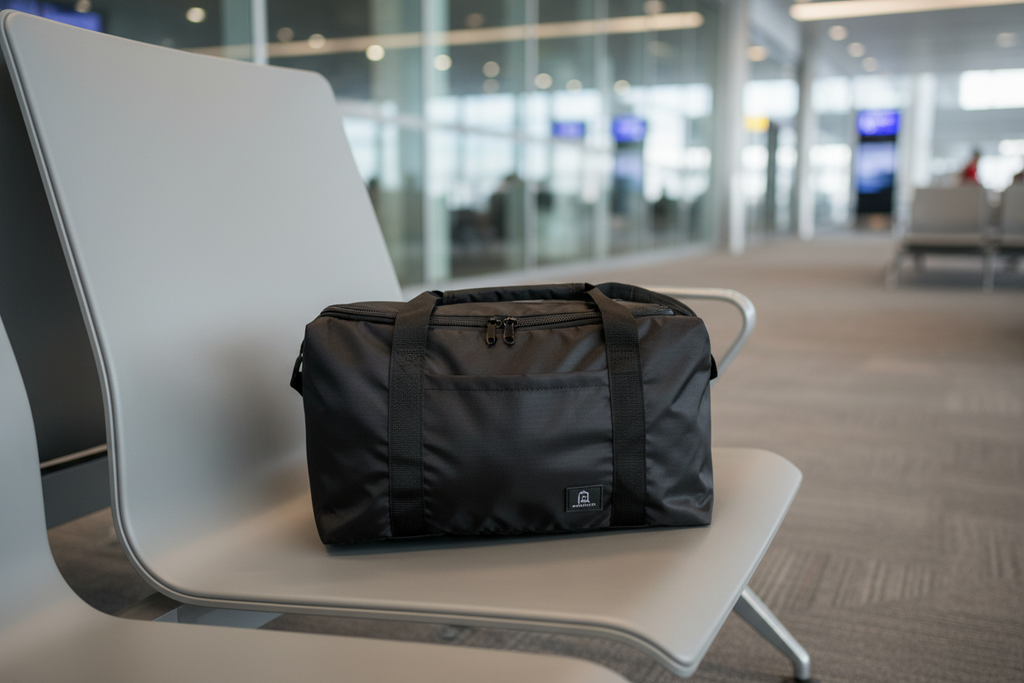 Black folding travel duffel bag on airport lounge terminal chair, modern airport interior
