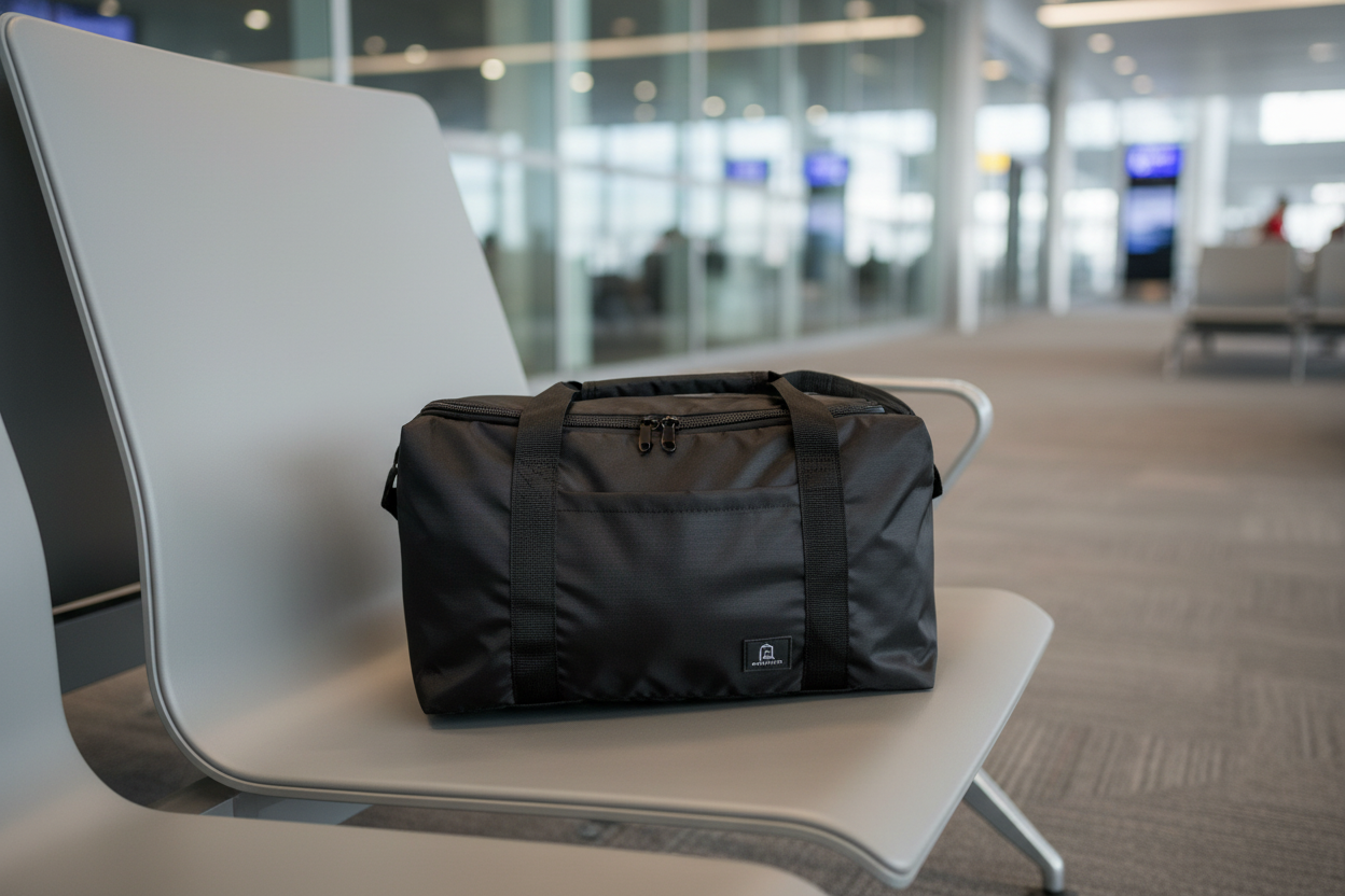 Black folding travel duffel bag on airport lounge terminal chair, modern airport interior