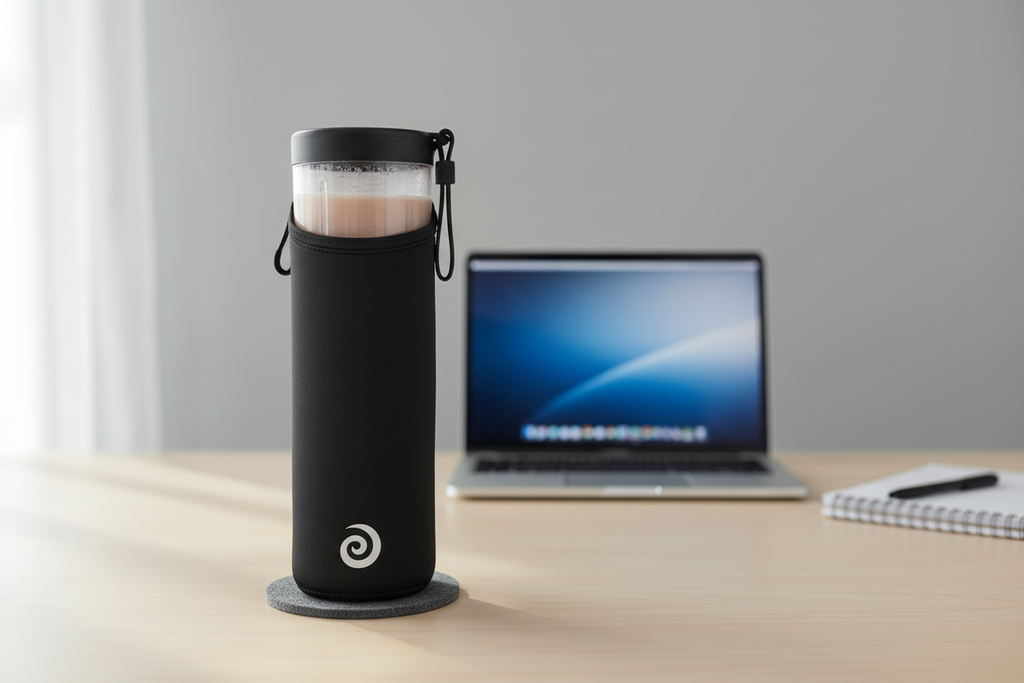 BlendJet JetSetter black insulated blender case on modern office desk keeping protein shake cold