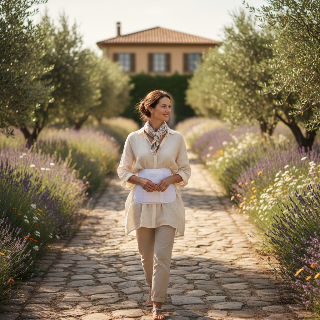 Woman walking on sunny outdoor path wearing white abdominal brace under a loose linen top looking relaxed and supported