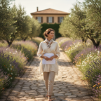 Woman walking on sunny outdoor path wearing white abdominal brace under a loose linen top looking relaxed and supported