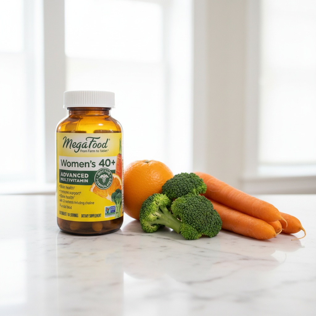 MegaFood Women's 40+ Advanced Multivitamin amber glass bottle beside fresh oranges broccoli and carrots on white marble – More4less Outlet