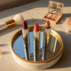 Mary Kay True Dimensions lipstick tubes on vanity tray with mirror reflection