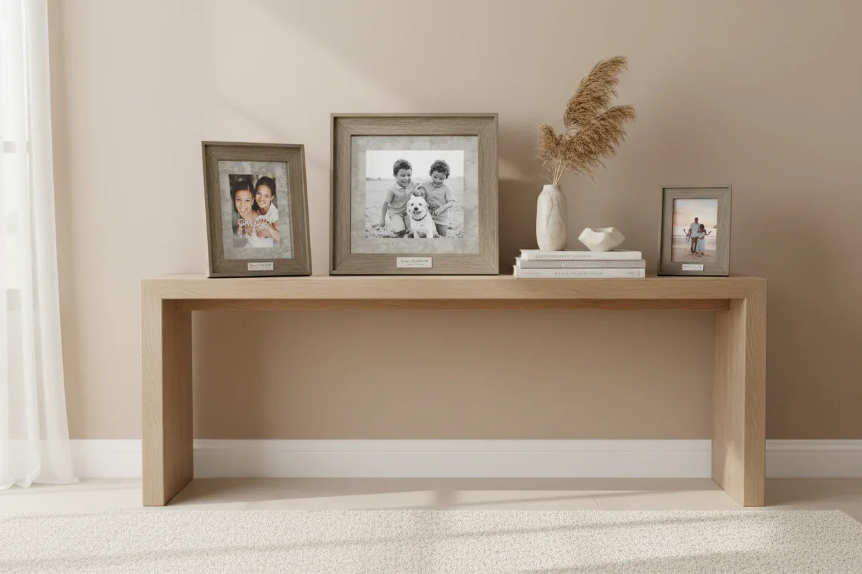 Modern family home decor styling featuring interchangeable print size wood grain framing options