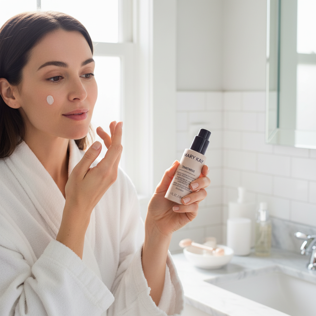 Woman applying Mary Kay TimeWise Daytime Defender SPF 30 in bright sunlit bathroom morning skincare routine