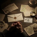 Close-up of hands holding a folded letter and evidence card over a wooden table with mystery documents nearby