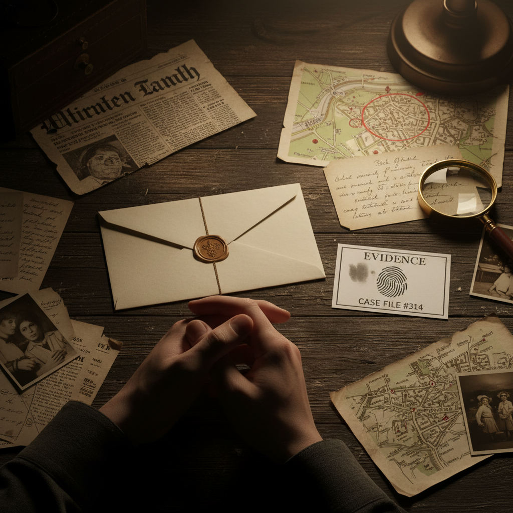 Close-up of hands holding a folded letter and evidence card over a wooden table with mystery documents nearby