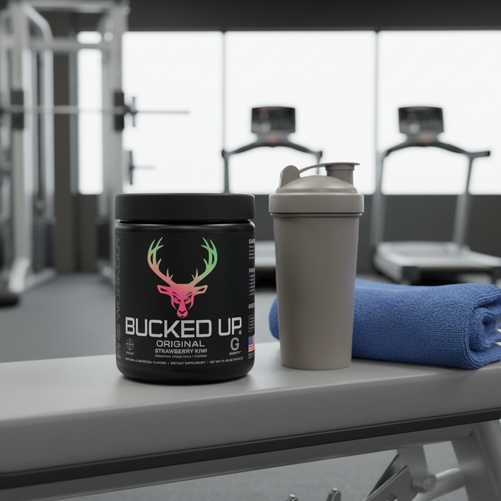 Bucked Up Original Strawberry Kiwi pre-workout container on a gym bench beside a shaker bottle and towel